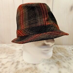 Plaid Fedora Hat Men's L/XL 22.5" D Rust Black Target Wool Blend Steam Sanitized